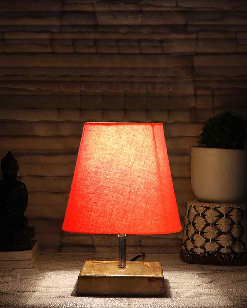 Graceful Cotton Square Natural Wood Table Lamp Orange