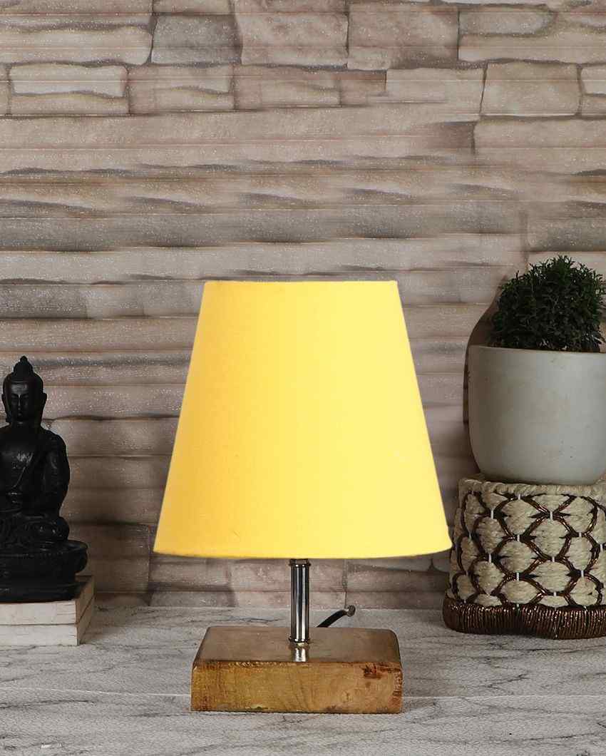 Graceful Cotton Square Natural Wood Table Lamp Yellow