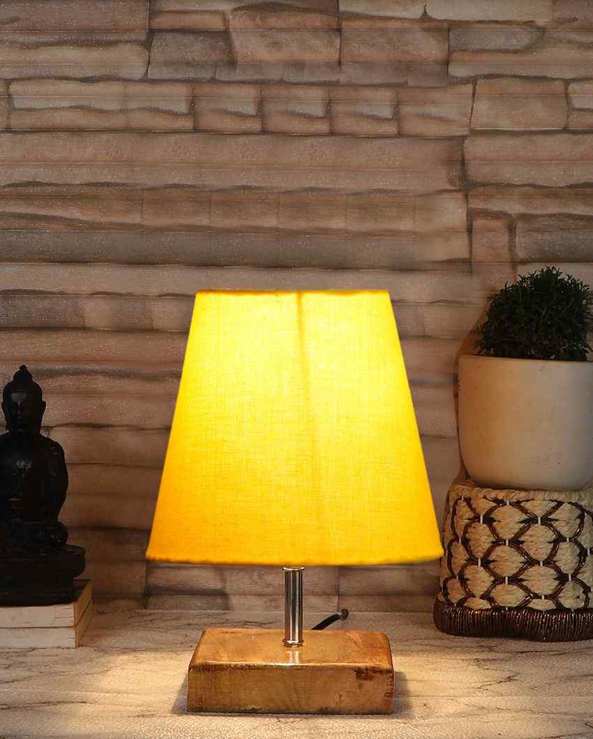 Graceful Cotton Square Natural Wood Table Lamp Yellow