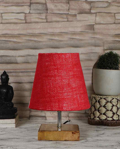 Alluring Jute Square Natural Wood Table Lamp Maroon