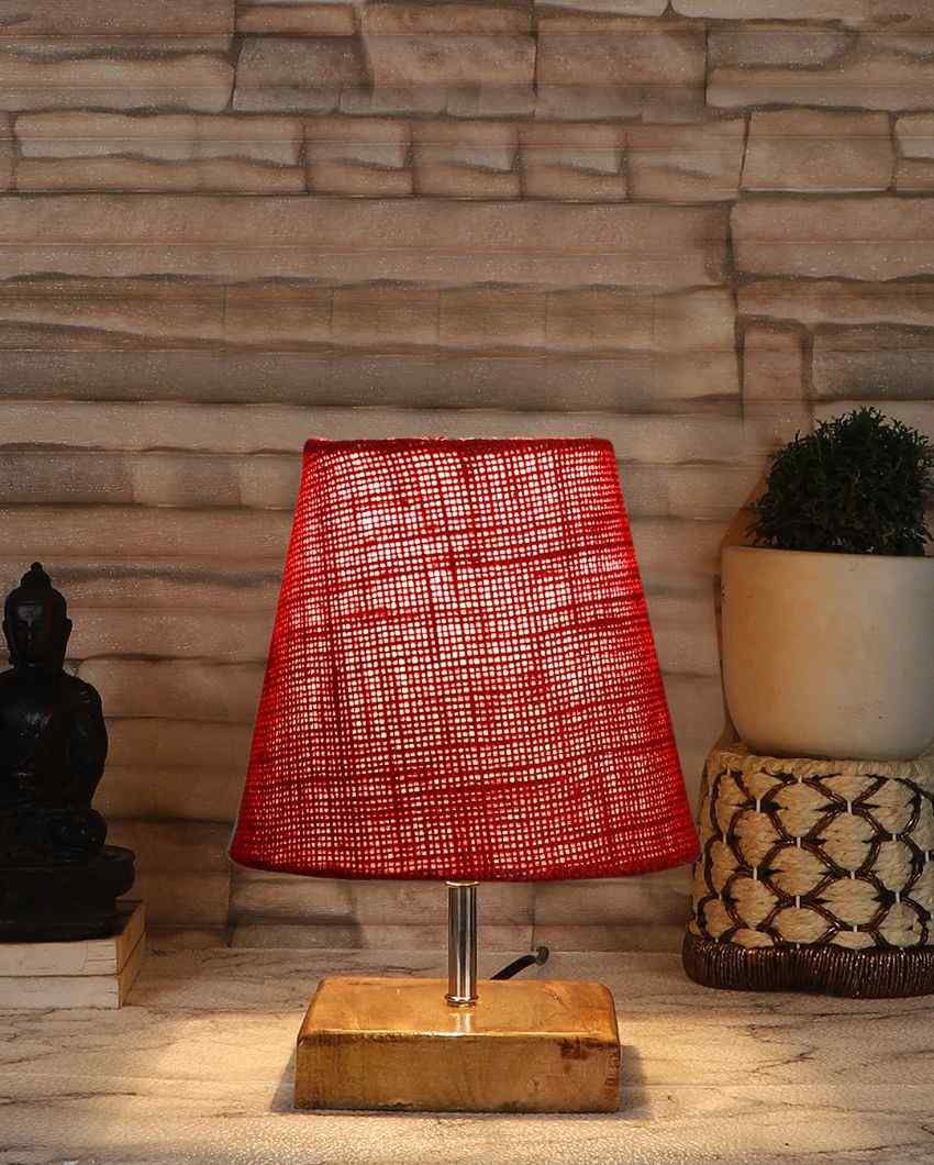 Alluring Jute Square Natural Wood Table Lamp Maroon