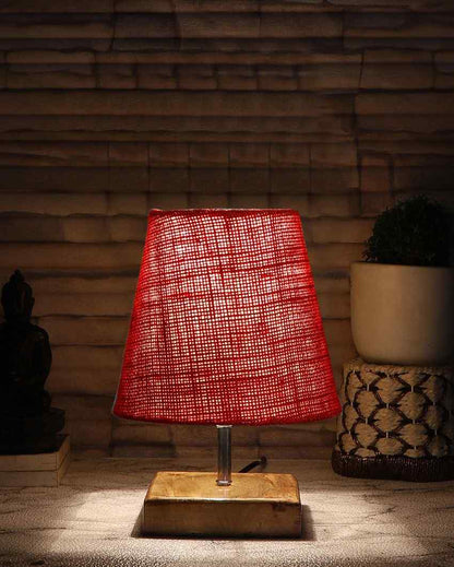 Alluring Jute Square Natural Wood Table Lamp Maroon