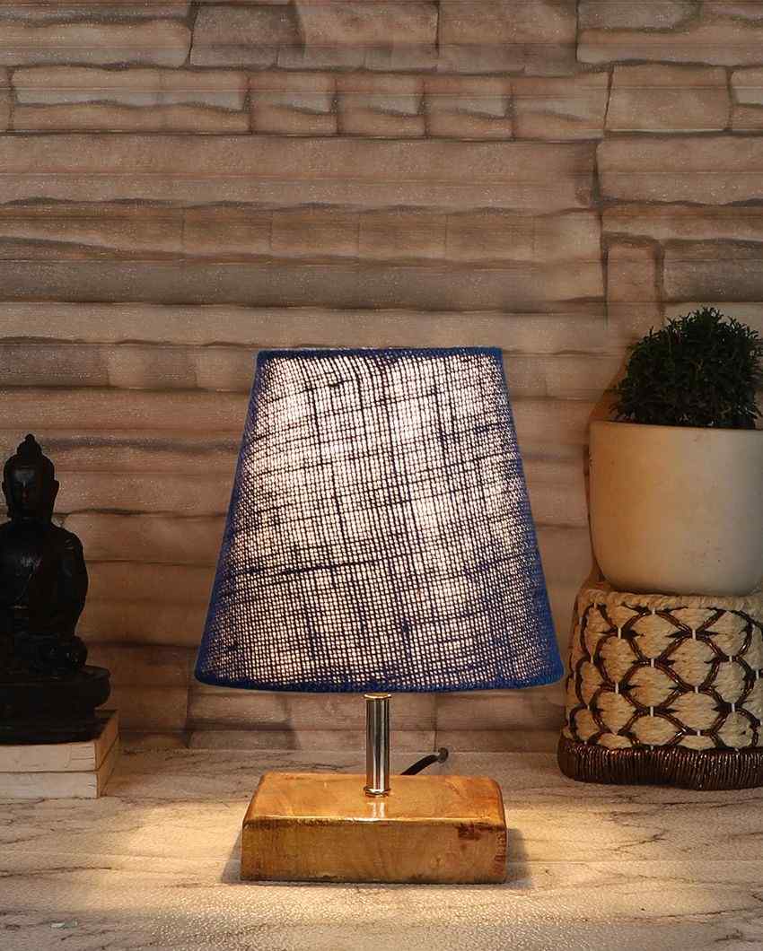 Alluring Jute Square Natural Wood Table Lamp Blue