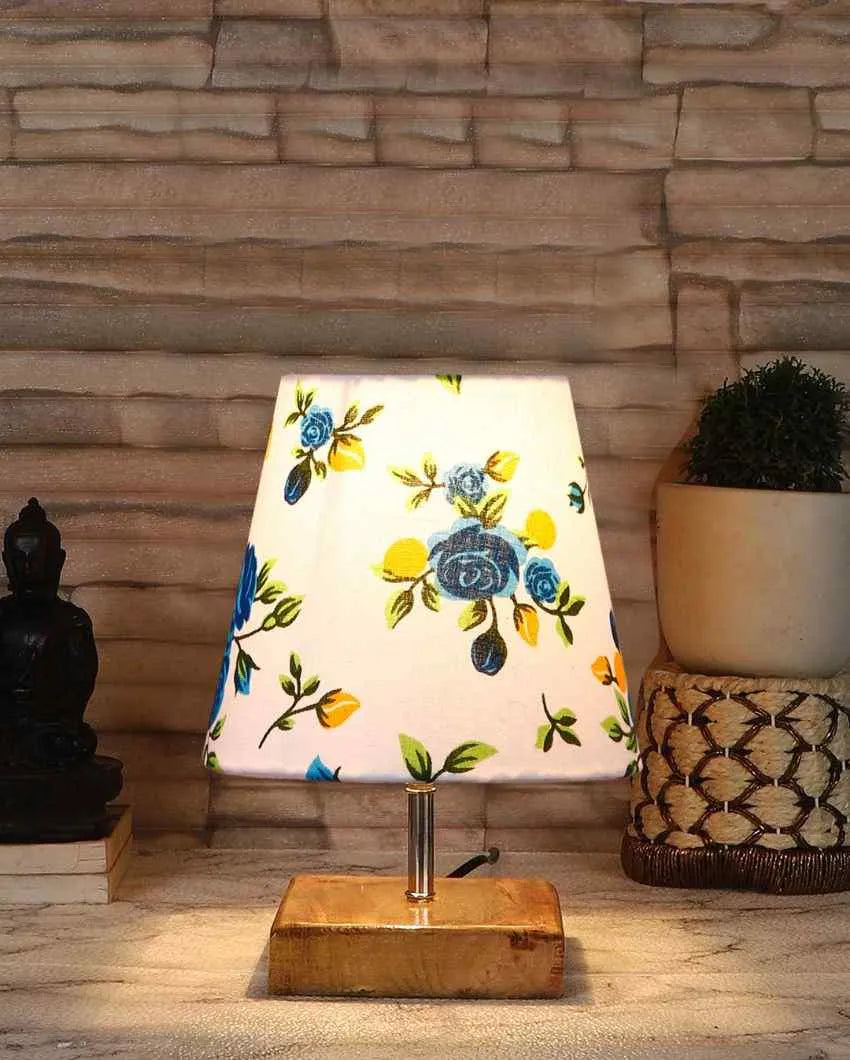 Devansh Multicolor Cotton  Square Natural Wood Table Lamp(5X8.2) Inches -L