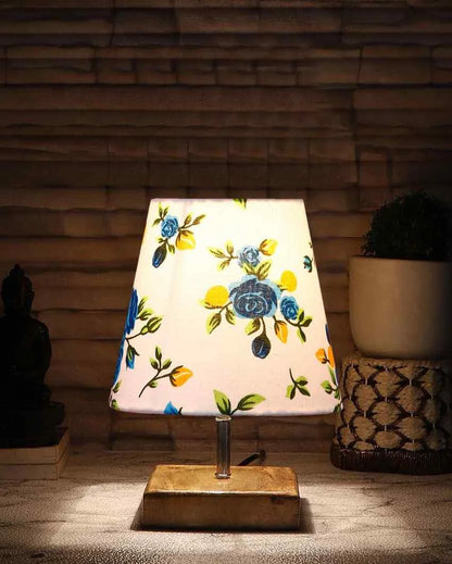 Devansh Multicolor Cotton  Square Natural Wood Table Lamp(5X8.2) Inches -L