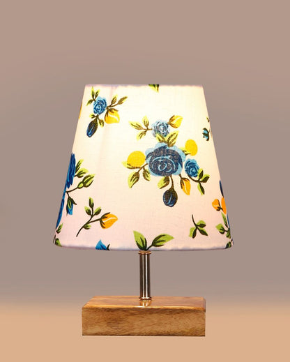 Devansh Multicolor Cotton  Square Natural Wood Table Lamp(5X8.2) Inches -L