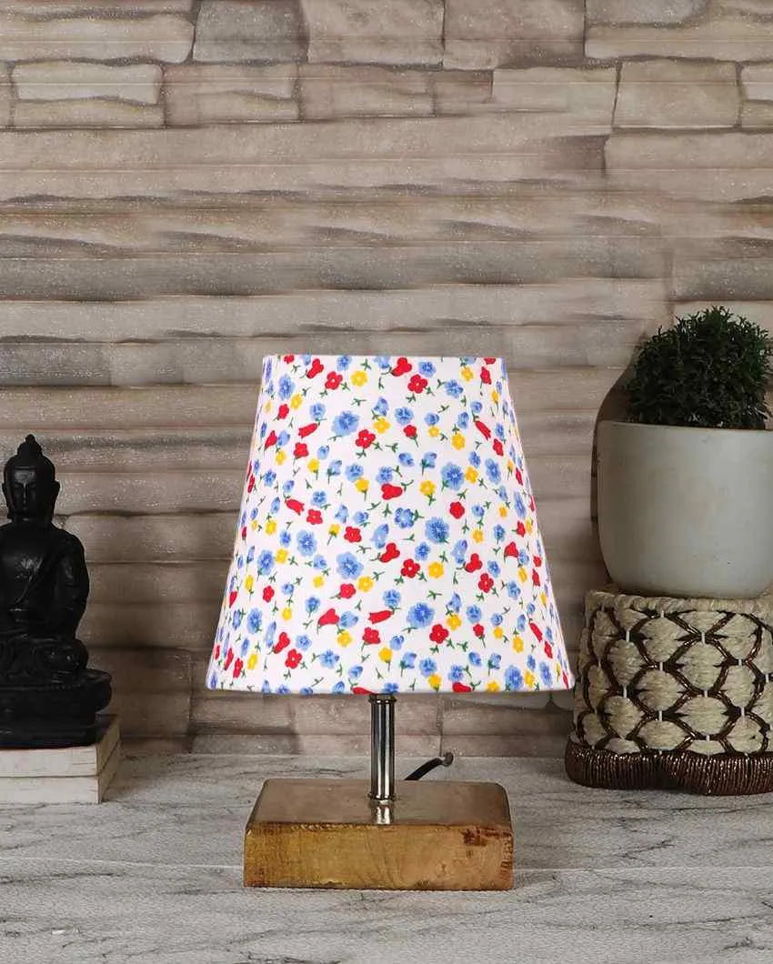 Devansh Multicolor Cotton  Square Natural Wood Table Lamp(5X8.2) Inches -N