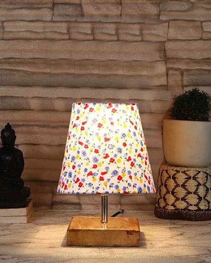 Devansh Multicolor Cotton  Square Natural Wood Table Lamp(5X8.2) Inches -N