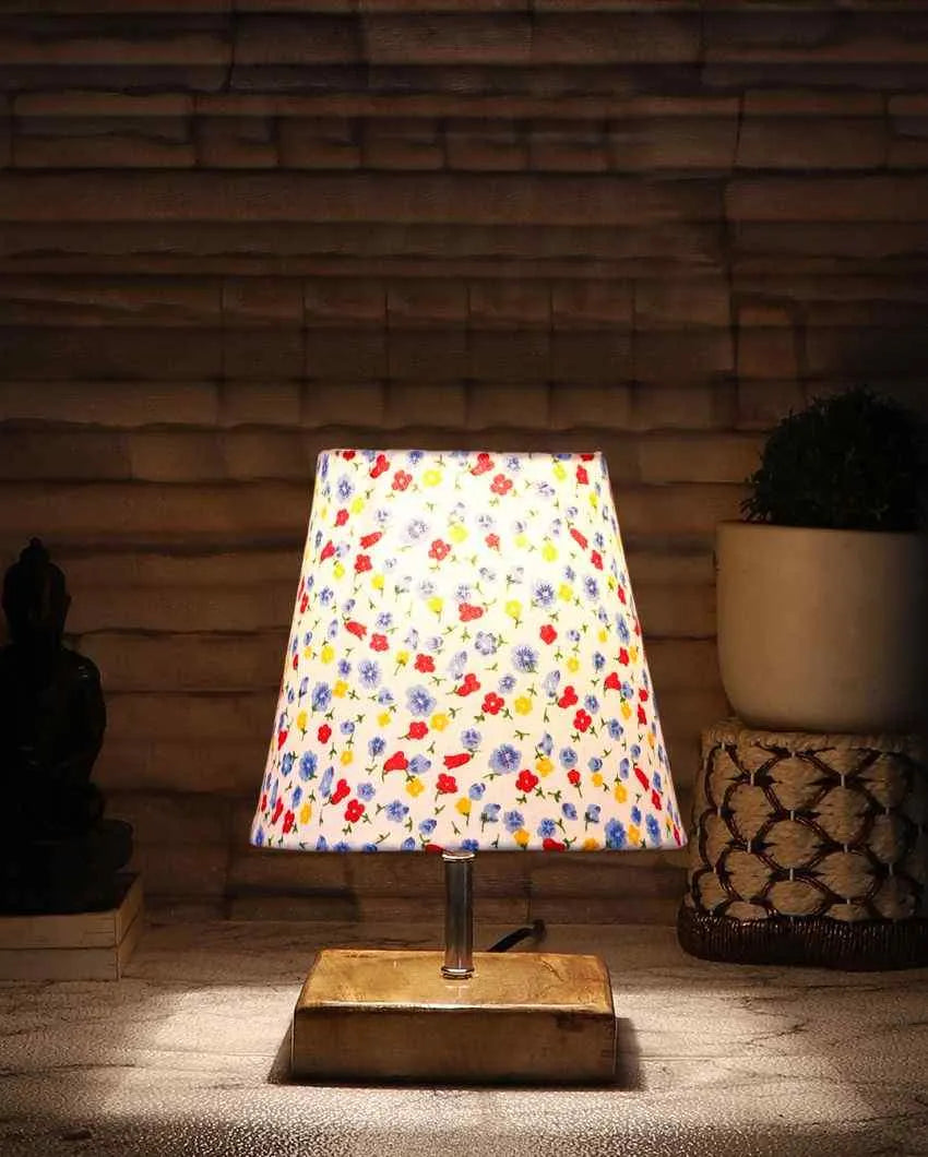 Devansh Multicolor Cotton  Square Natural Wood Table Lamp(5X8.2) Inches -N