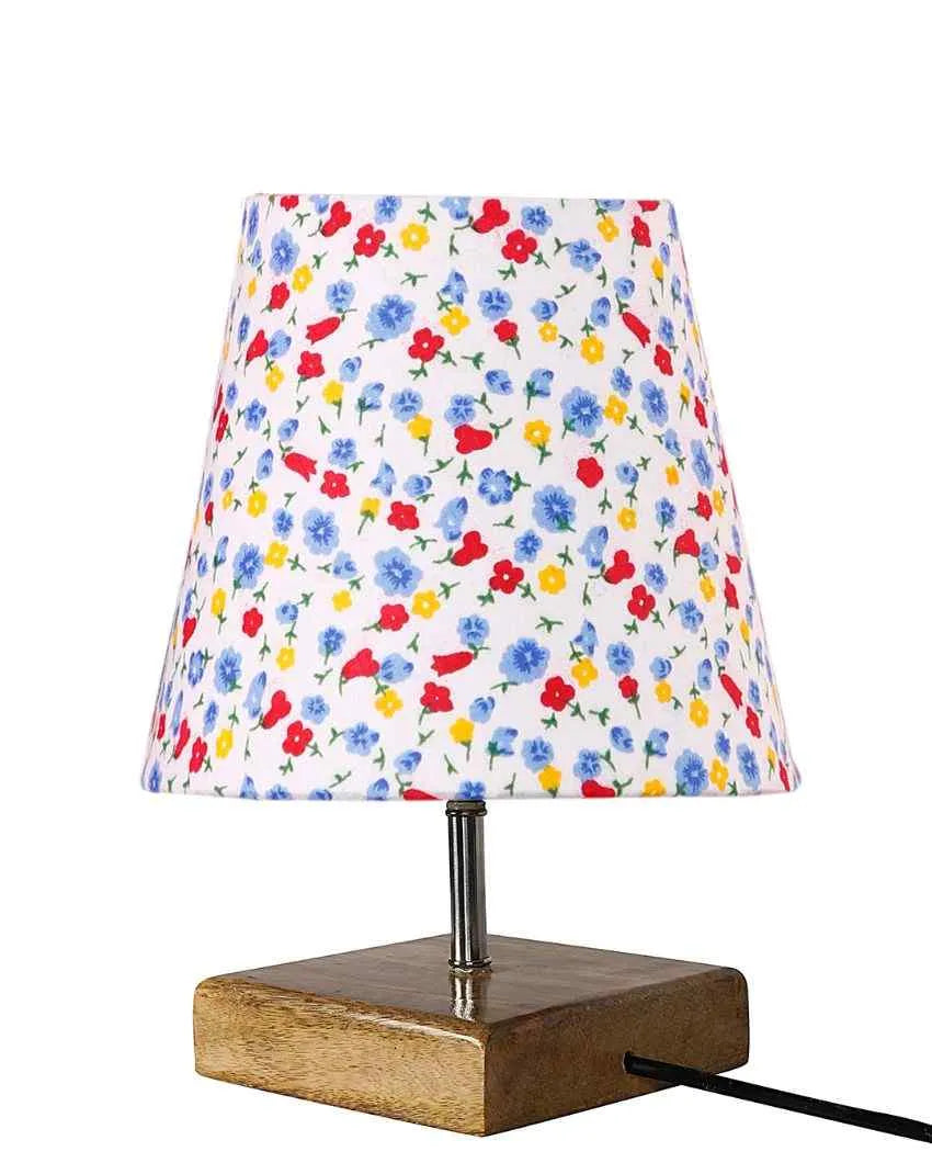 Devansh Multicolor Cotton  Square Natural Wood Table Lamp(5X8.2) Inches -N