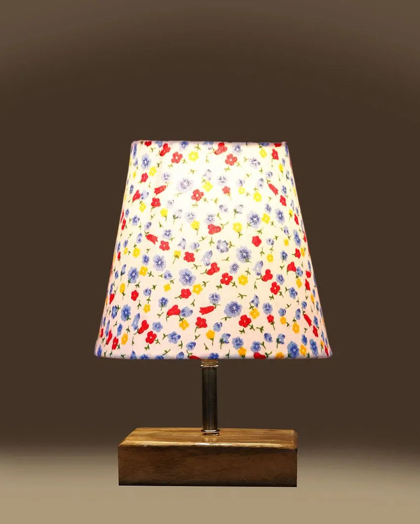 Devansh Multicolor Cotton  Square Natural Wood Table Lamp(5X8.2) Inches -N