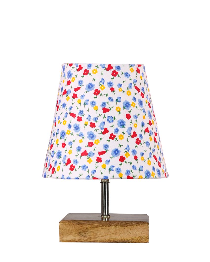 Devansh Multicolor Cotton  Square Natural Wood Table Lamp(5X8.2) Inches -N