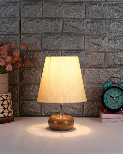 Exceptional Cotton Round Small Natural Wood Table Lamp Off-White