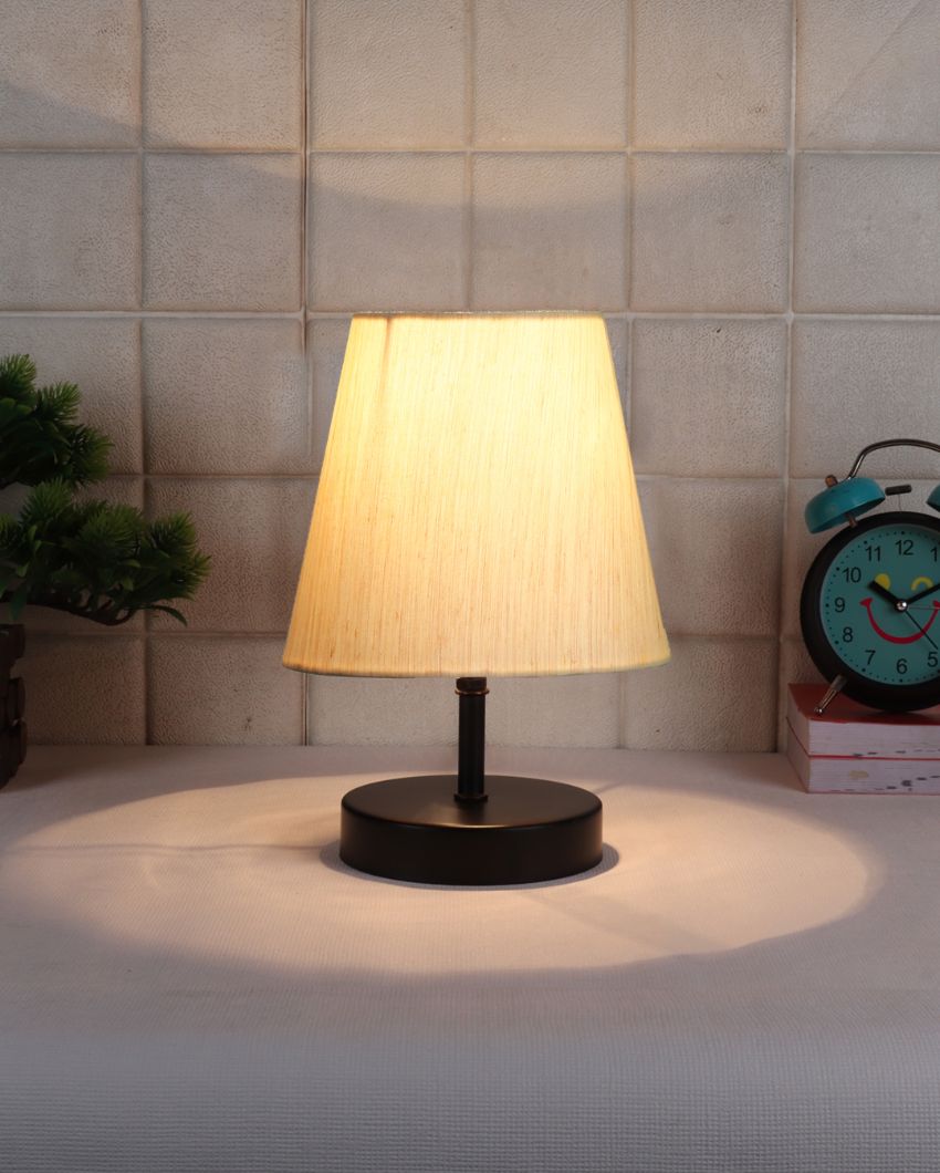 Cotton Round Wooden Black Base Table Lamp Off-White