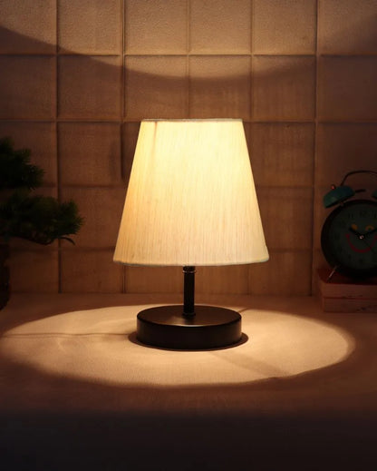 Cotton Round Wooden Black Base Table Lamp Off-White