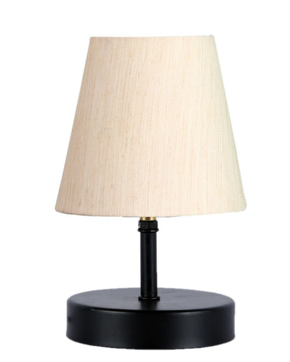 Cotton Round Wooden Black Base Table Lamp Off-White