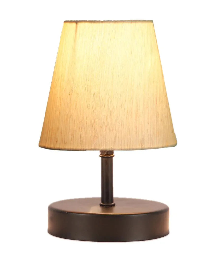 Cotton Round Wooden Black Base Table Lamp Off-White