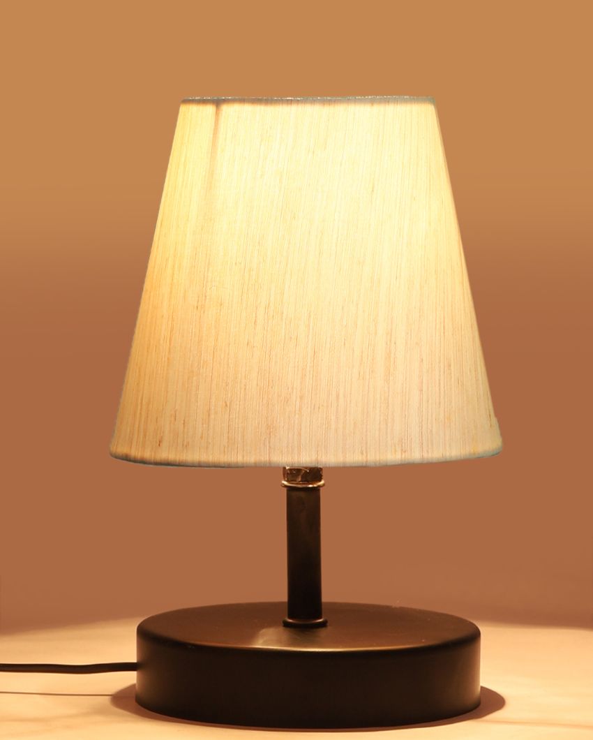 Cotton Round Wooden Black Base Table Lamp Off-White