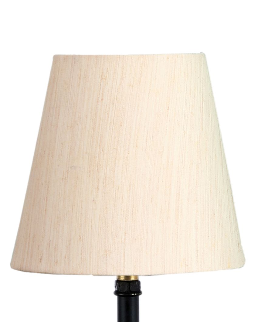 Cotton Round Wooden Black Base Table Lamp Off-White