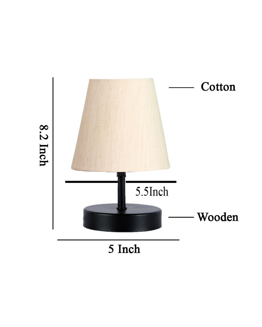 Cotton Round Wooden Black Base Table Lamp Off-White