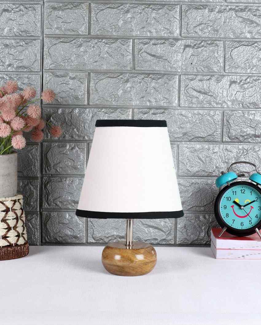 Small Natural Wood White & Black Cotton Round Table Lamp