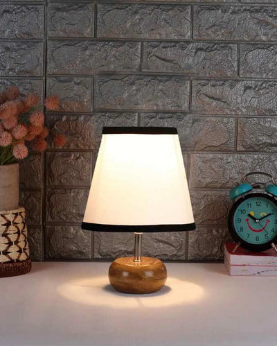 Small Natural Wood White & Black Cotton Round Table Lamp