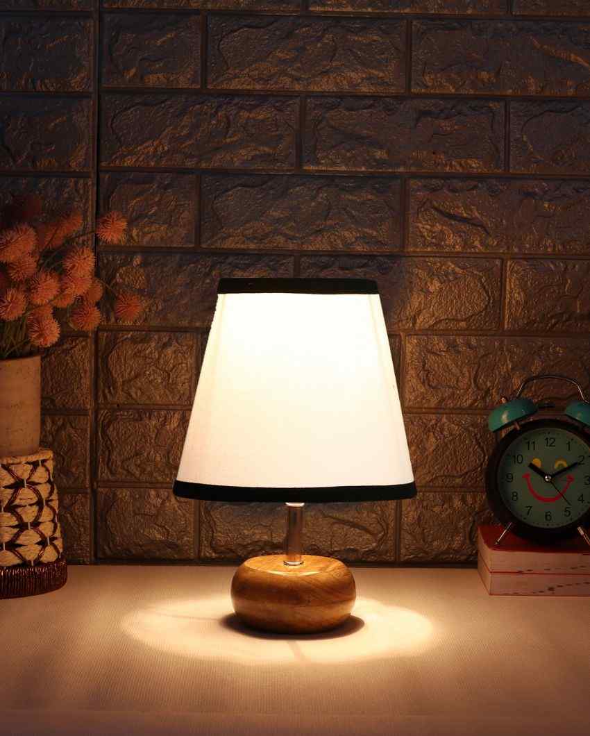 Small Natural Wood White & Black Cotton Round Table Lamp