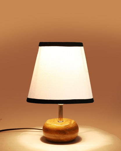 Small Natural Wood White & Black Cotton Round Table Lamp