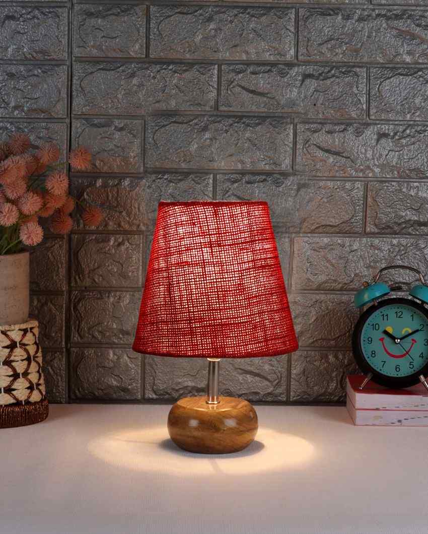 Peerless Jute Round Small Natural Wood Table Lamp Maroon