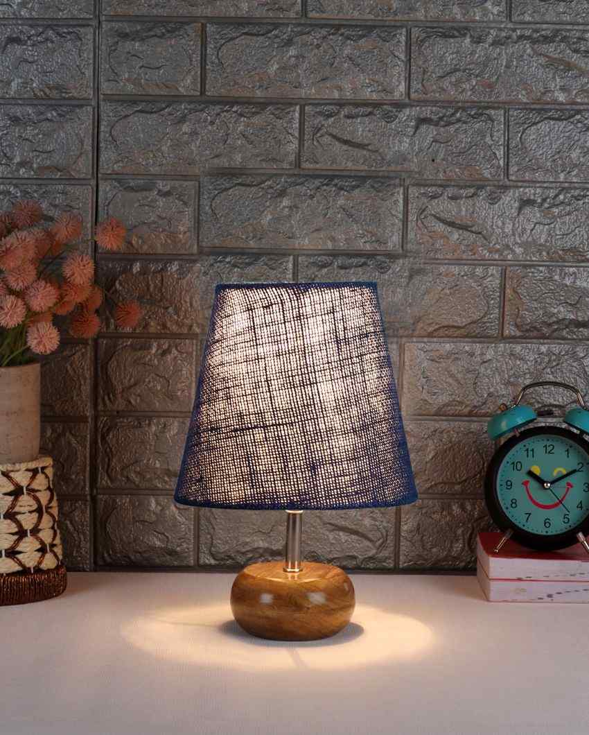 Peerless Jute Round Small Natural Wood Table Lamp Blue