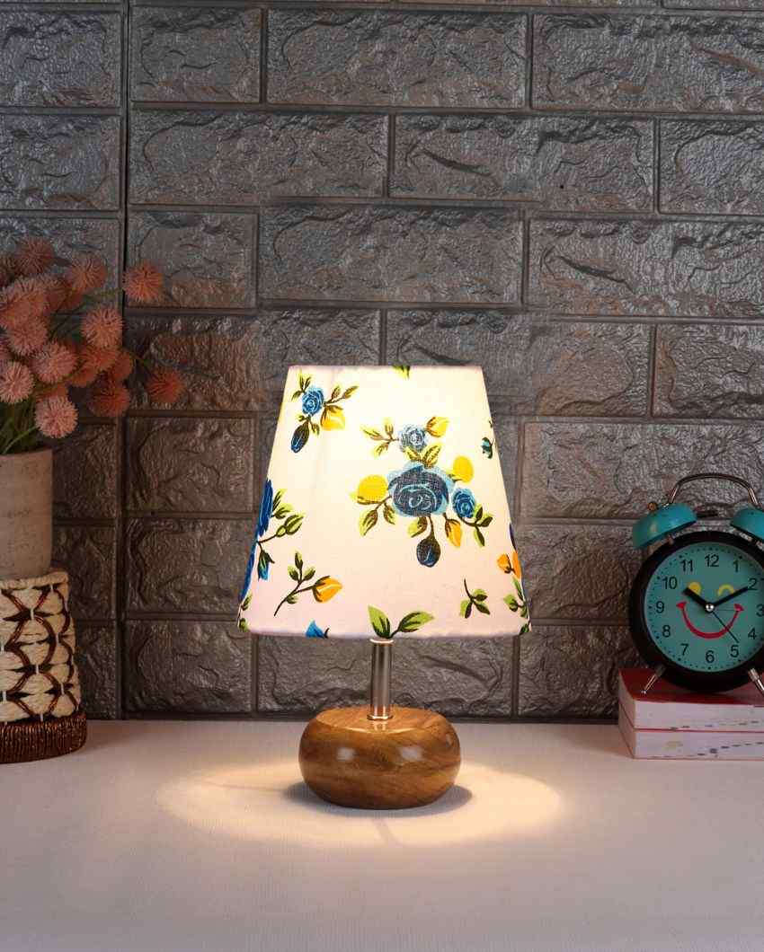 Elegance Multicolor Cotton Round Small Natural Wood Table Lamp