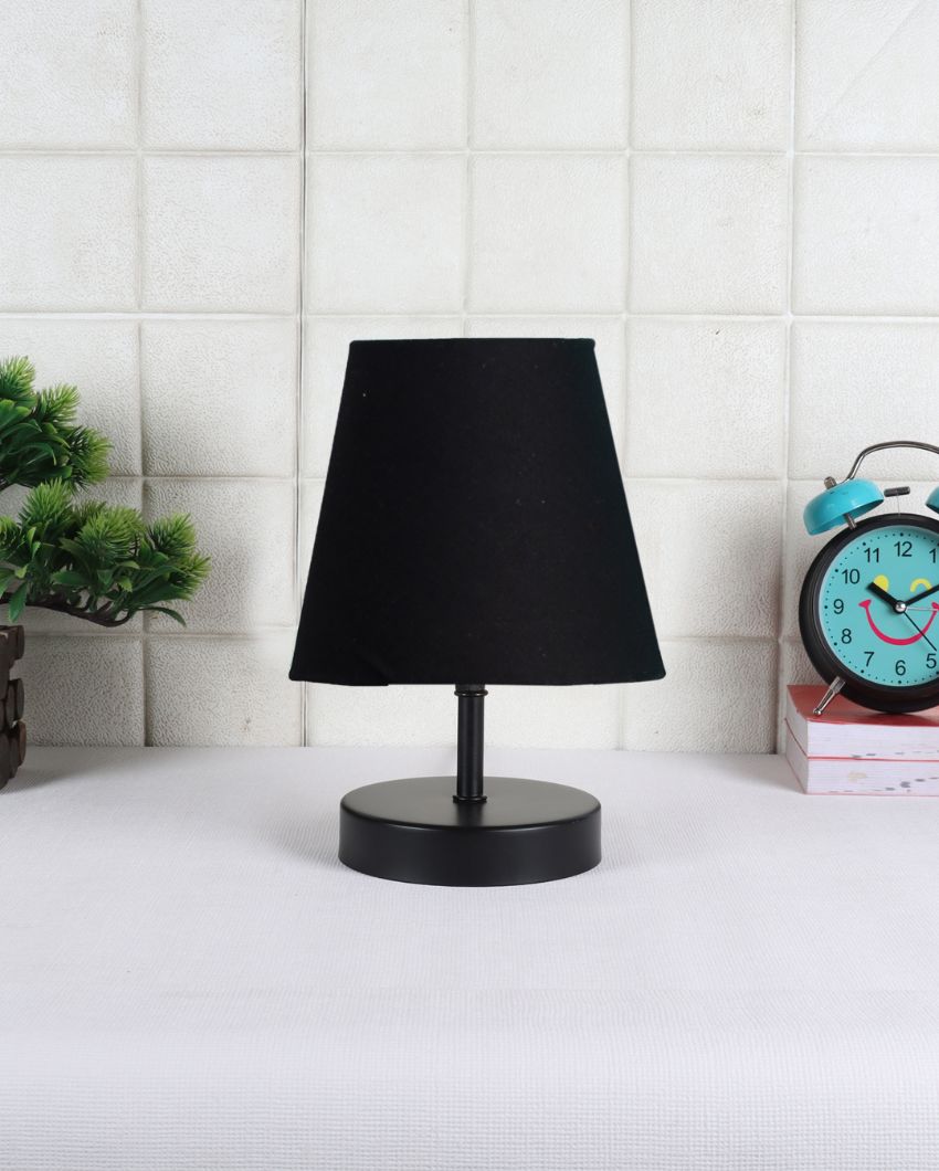 Cotton Round Wooden Black Base Table Lamp Black