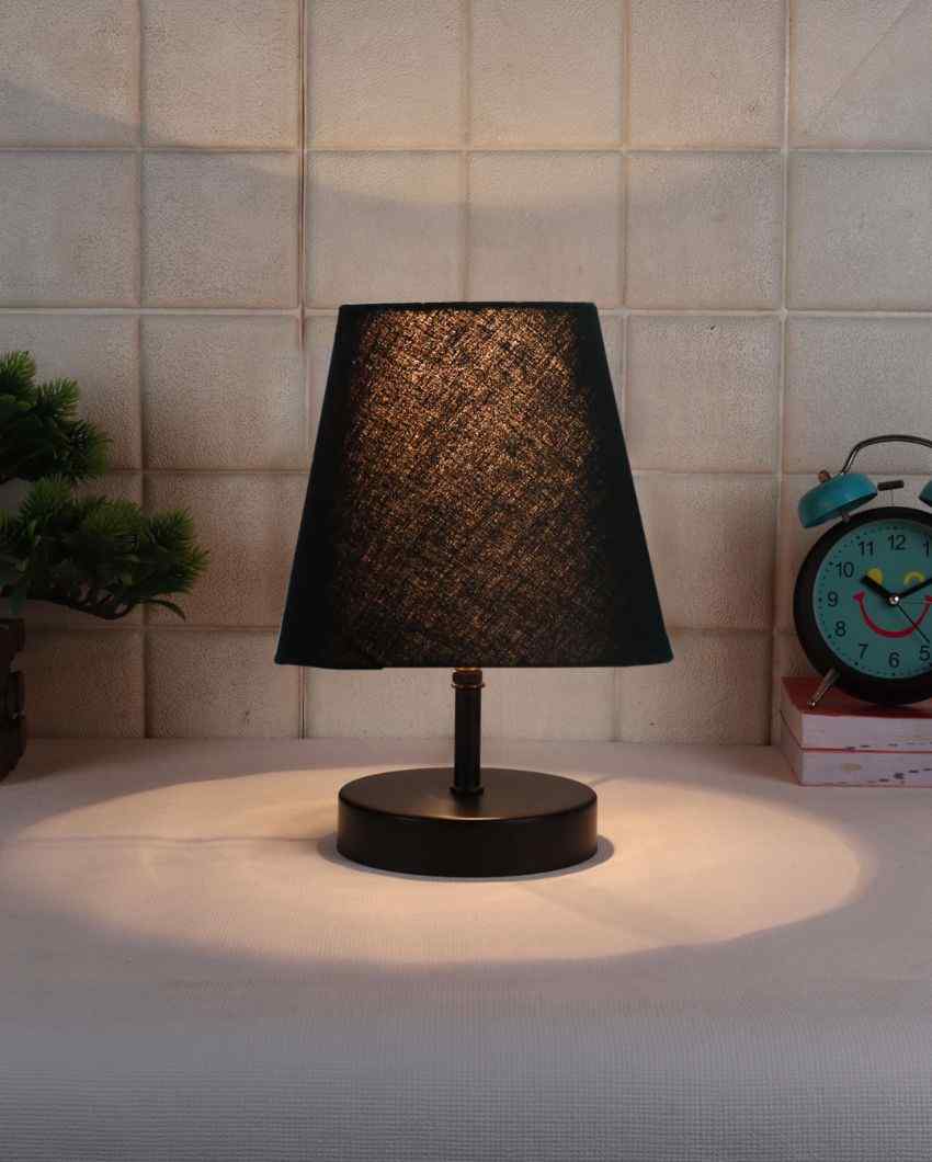 Cotton Round Wooden Black Base Table Lamp Black