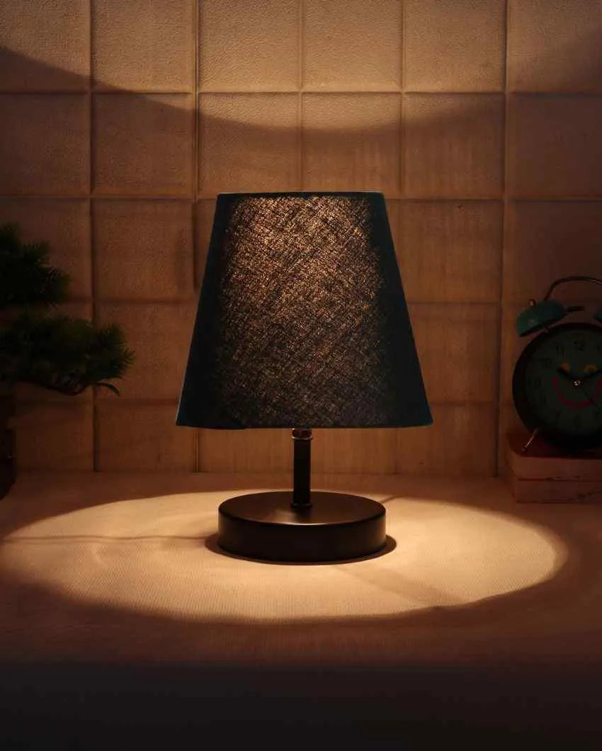 Cotton Round Wooden Black Base Table Lamp Black