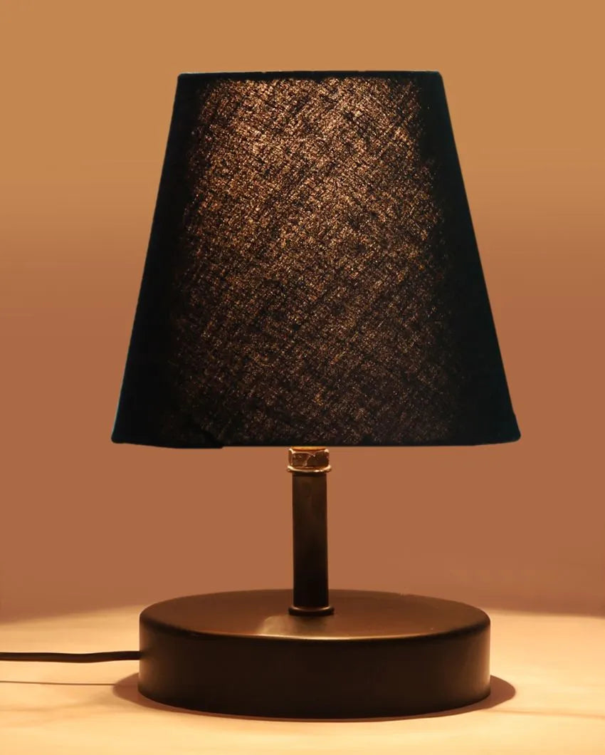 Cotton Round Wooden Black Base Table Lamp Black