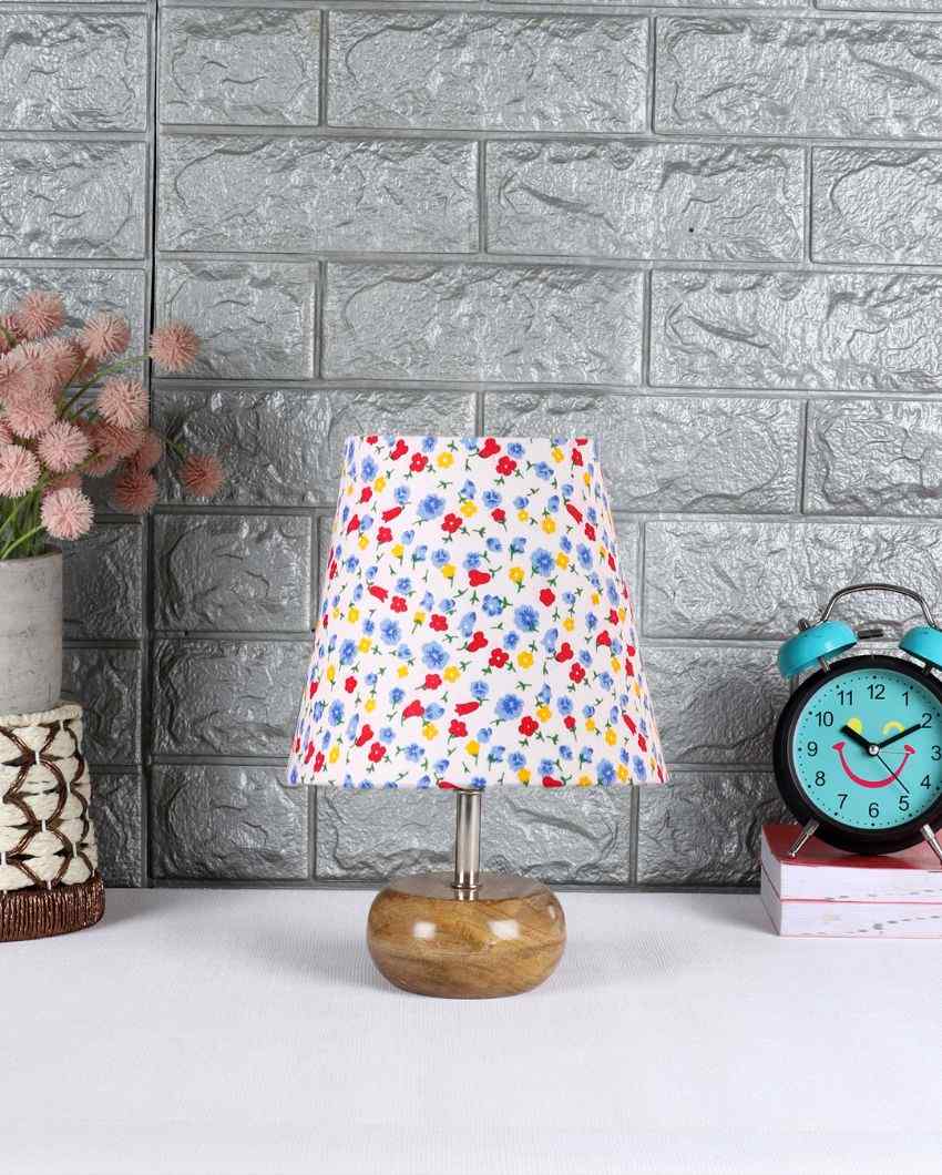 Artistic Multicolor Cotton Round Small Natural Wood Table Lamp