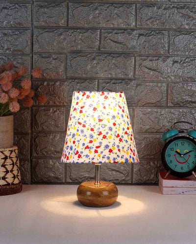 Artistic Multicolor Cotton Round Small Natural Wood Table Lamp