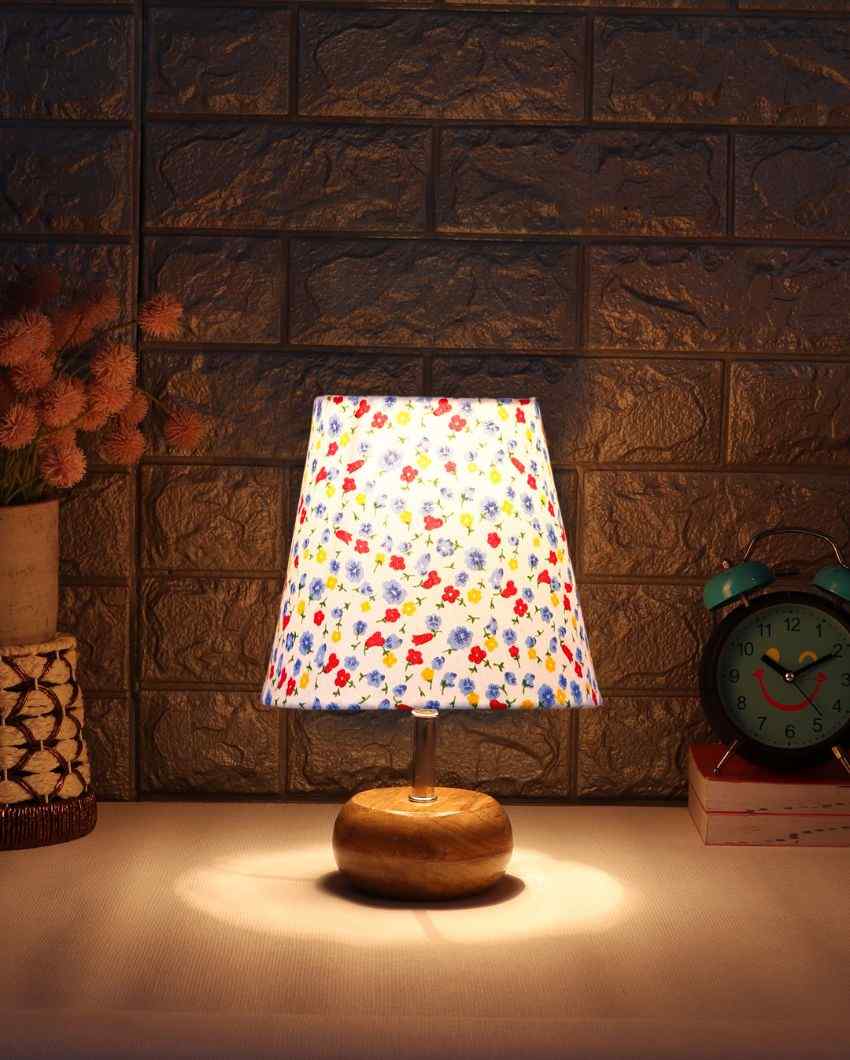 Artistic Multicolor Cotton Round Small Natural Wood Table Lamp