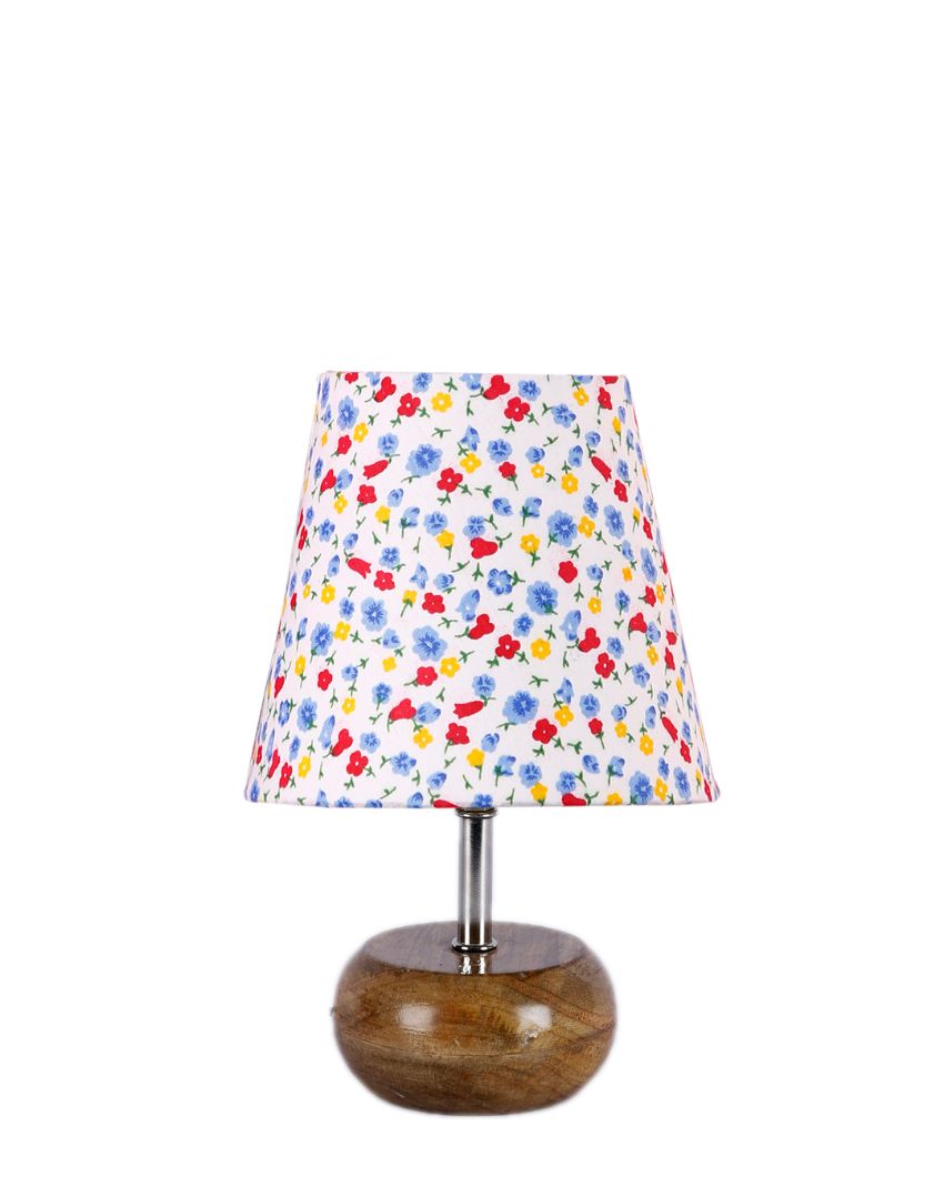 Artistic Multicolor Cotton Round Small Natural Wood Table Lamp