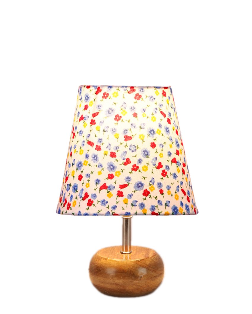 Artistic Multicolor Cotton Round Small Natural Wood Table Lamp