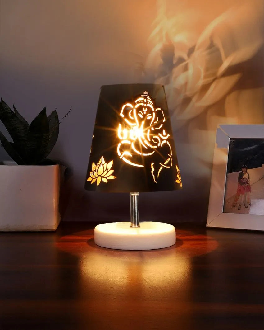 Ganesha Metal Etching Table Lamp With White Wood Round Base - Dusaan