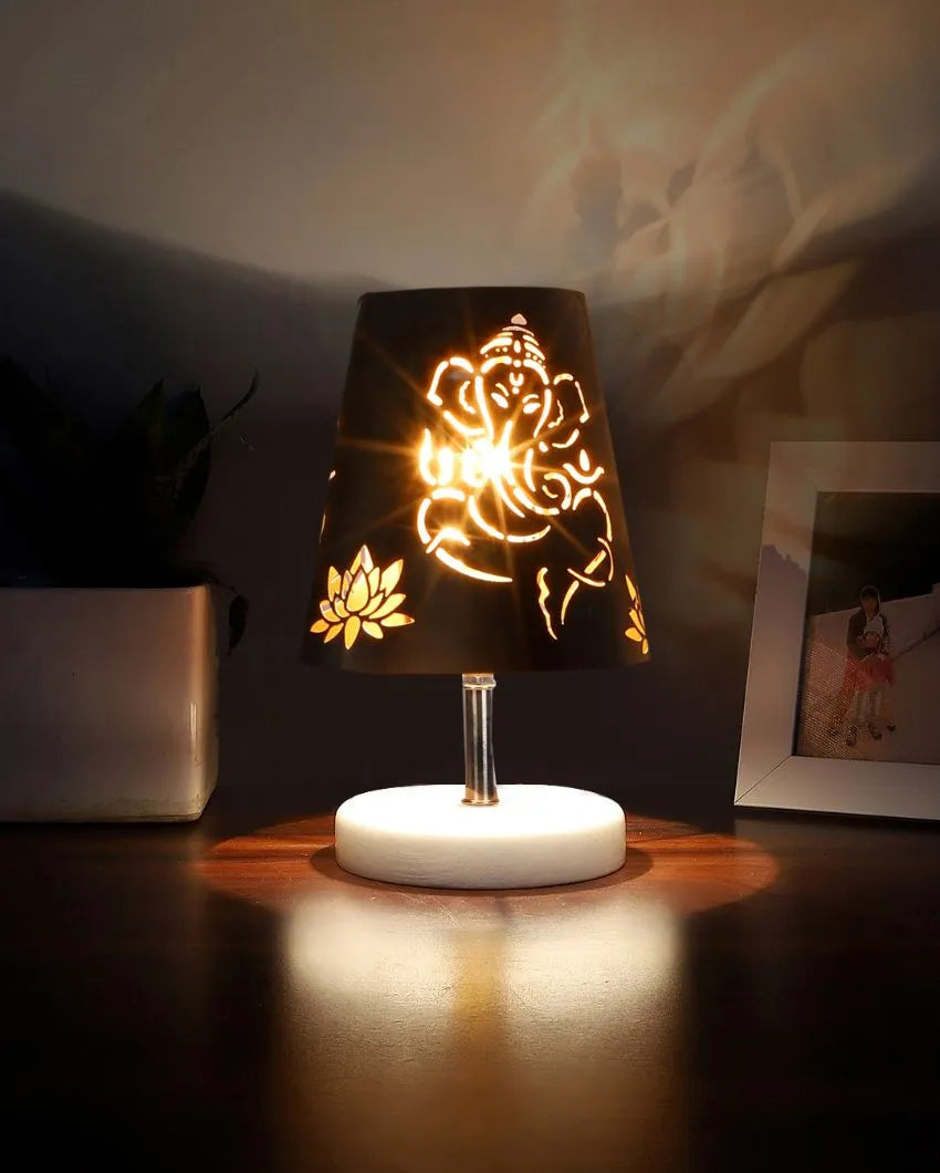 Ganesha Metal Etching Table Lamp With White Wood Round Base - Dusaan