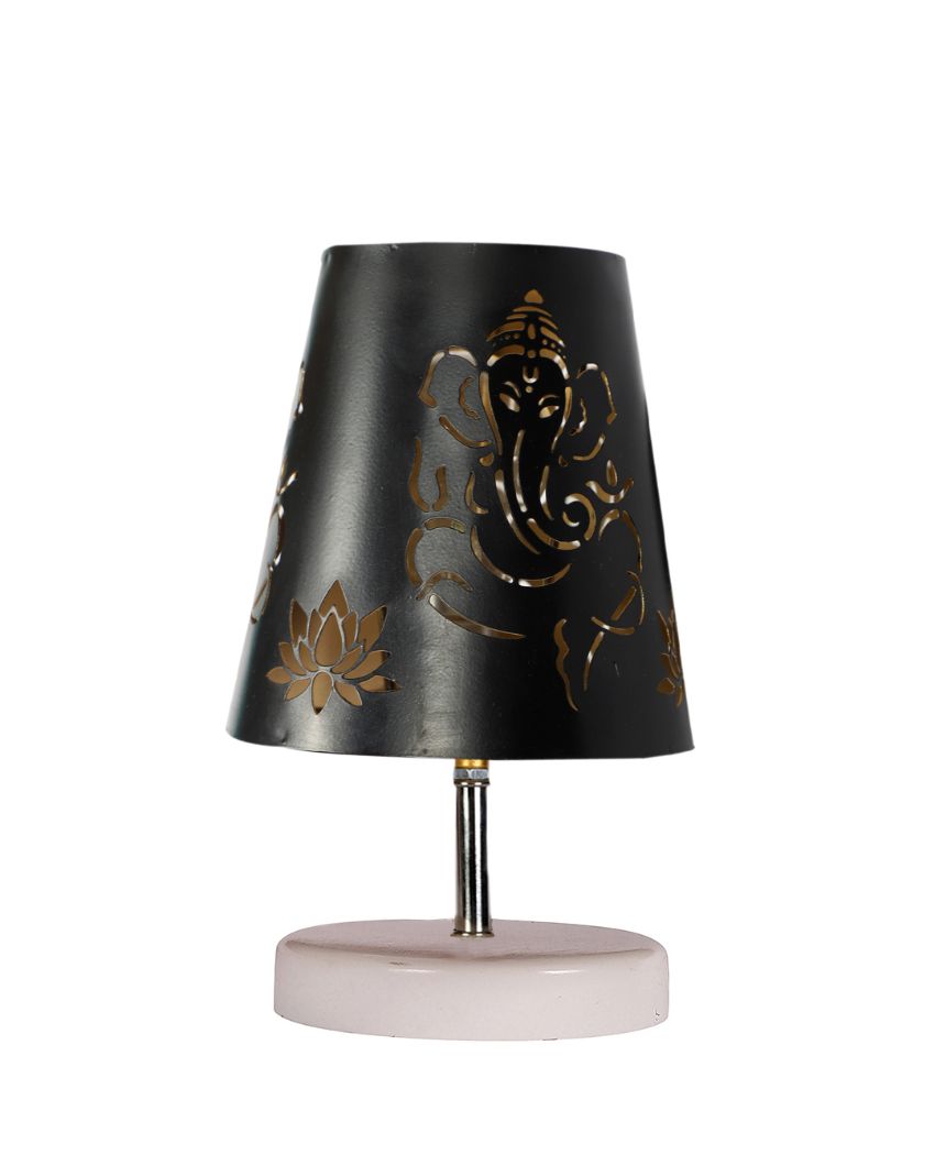 Ganesha Metal Etching Table Lamp With White Wood Round Base - Dusaan