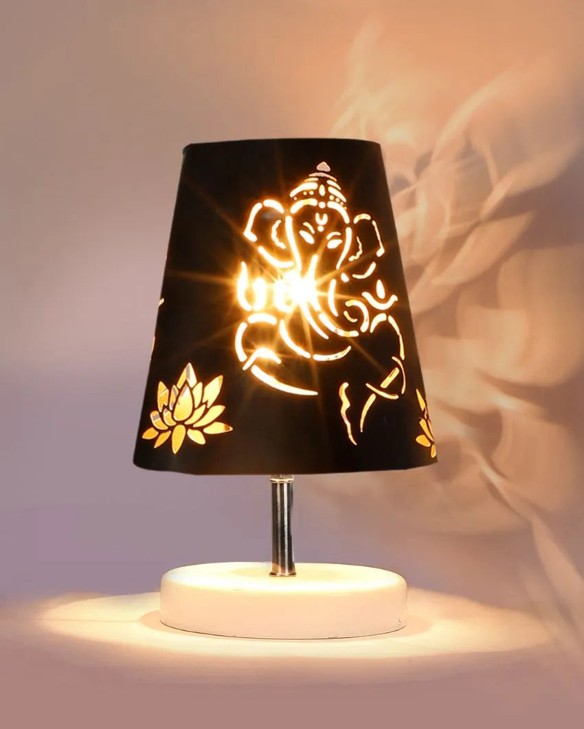 Ganesha Metal Etching Table Lamp With White Wood Round Base - Dusaan