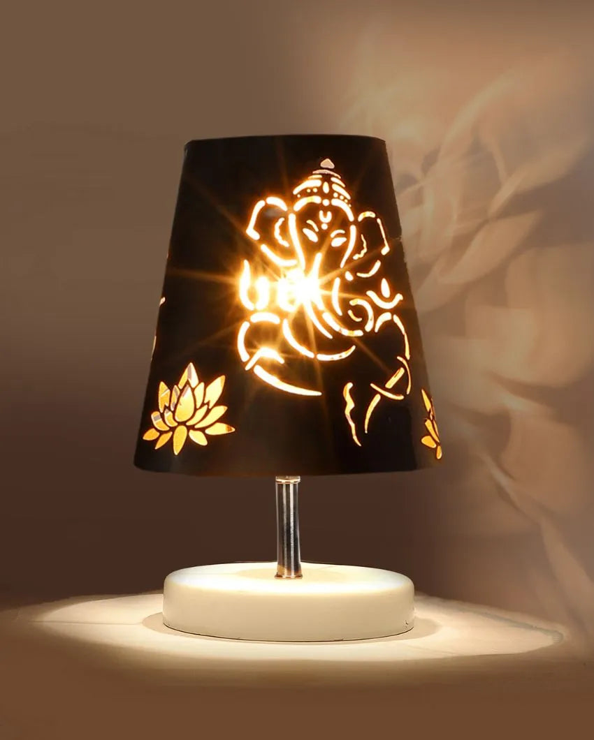 Ganesha Metal Etching Table Lamp With White Wood Round Base - Dusaan