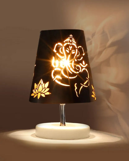 Ganesha Metal Etching Table Lamp With White Wood Round Base - Dusaan