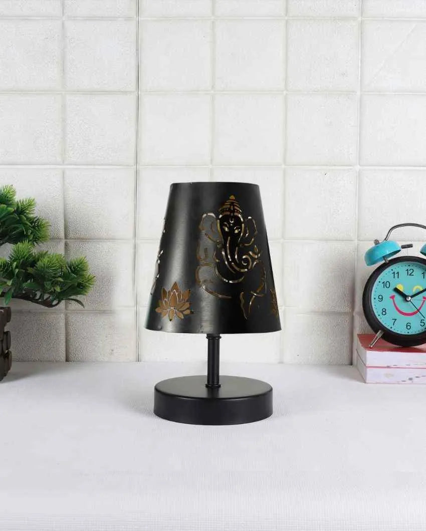 Ganesha Metal Etching Table Lamp With Black Wood Round Base