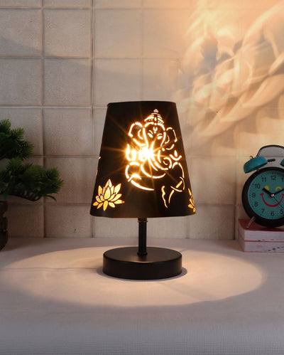 Ganesha Metal Etching Table Lamp With Black Wood Round Base