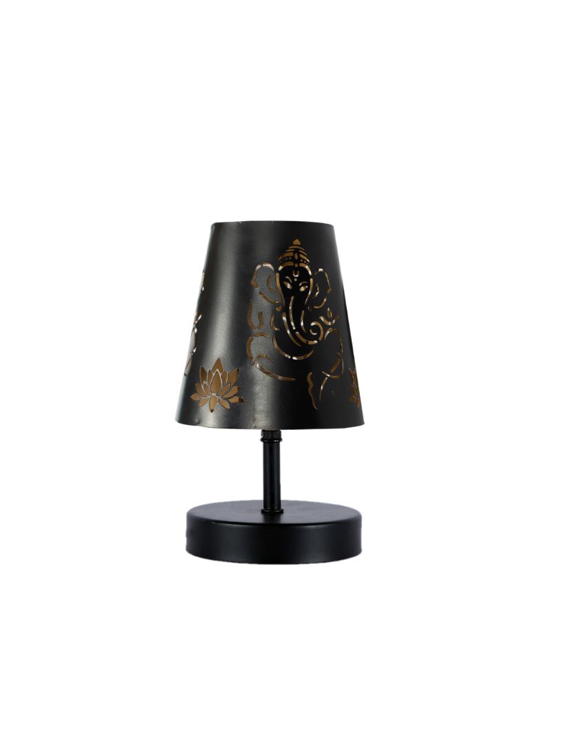 Ganesha Metal Etching Table Lamp With Black Wood Round Base