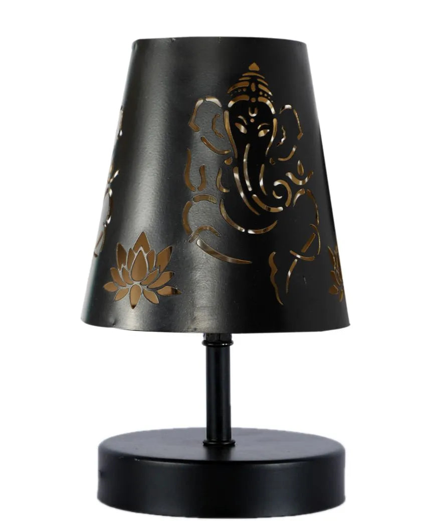 Ganesha Metal Etching Table Lamp With Black Wood Round Base